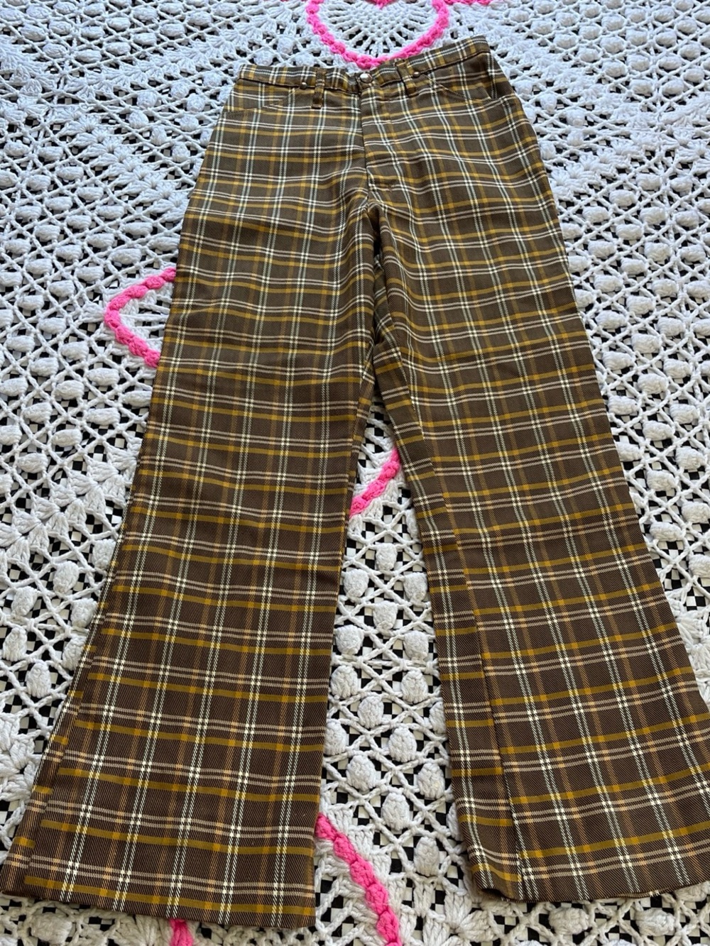 1960’s Carol Brent Plaid Flared Bell Bottoms in Brown & Yellow